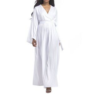 Women's Flowing Long-Sleeve Wrap V-Neck Belted Tie Waist Relaxed Fit Maxi Dress